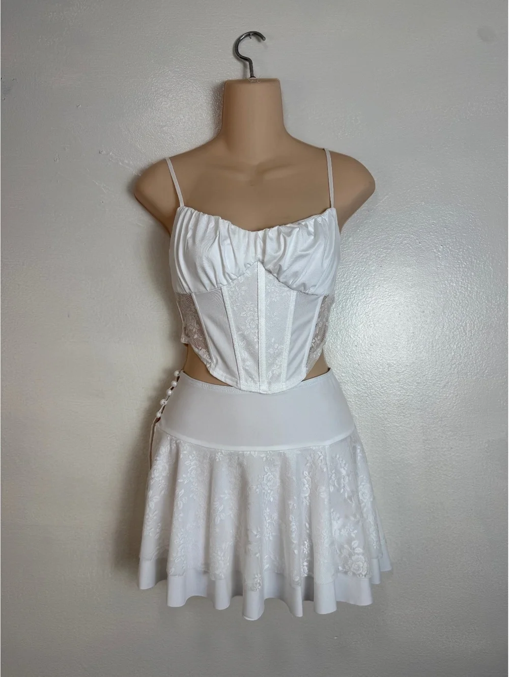 White Two-Piece Lace and Satin Corset Top with Skater Skirt Set